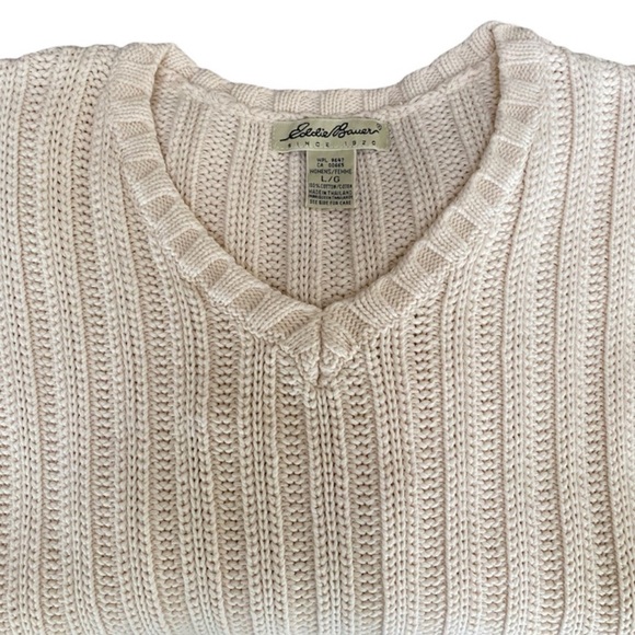 Vintage Eddie Bauer Sweater V-neck Cotton Knit Ivory Cream Off White Size Large - Picture 16 of 16